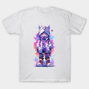 A anime girl wearing a white cat ears hooded T-Shirt